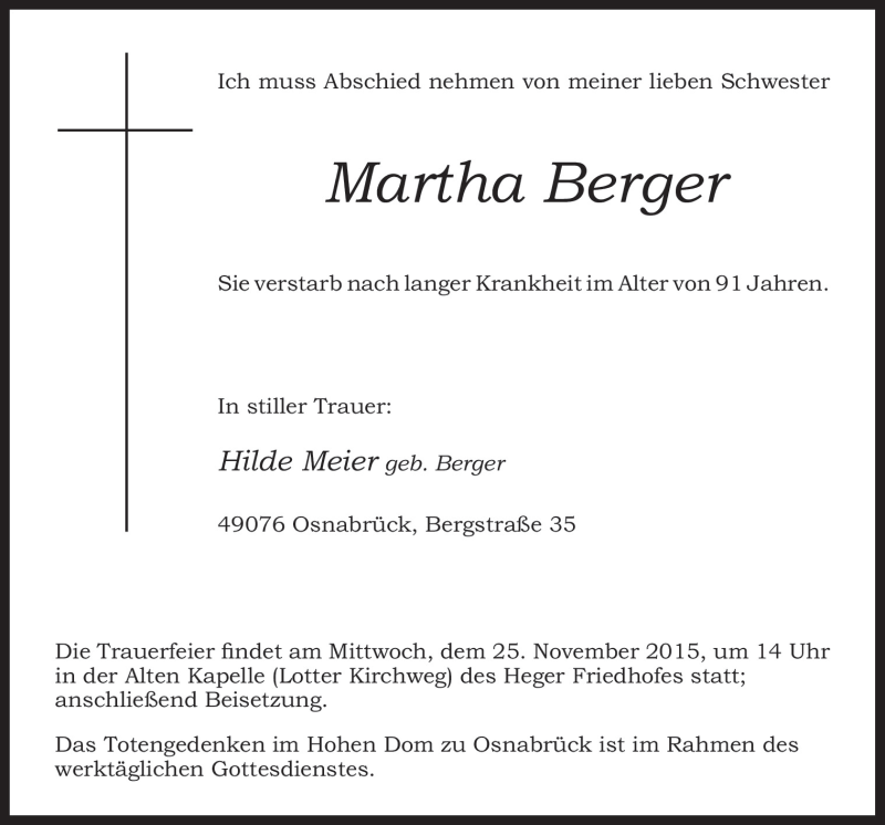  Traueranzeige für Martha Berger vom 21.11.2015 aus Neue Osnabrücker Zeitung GmbH & Co. KG
