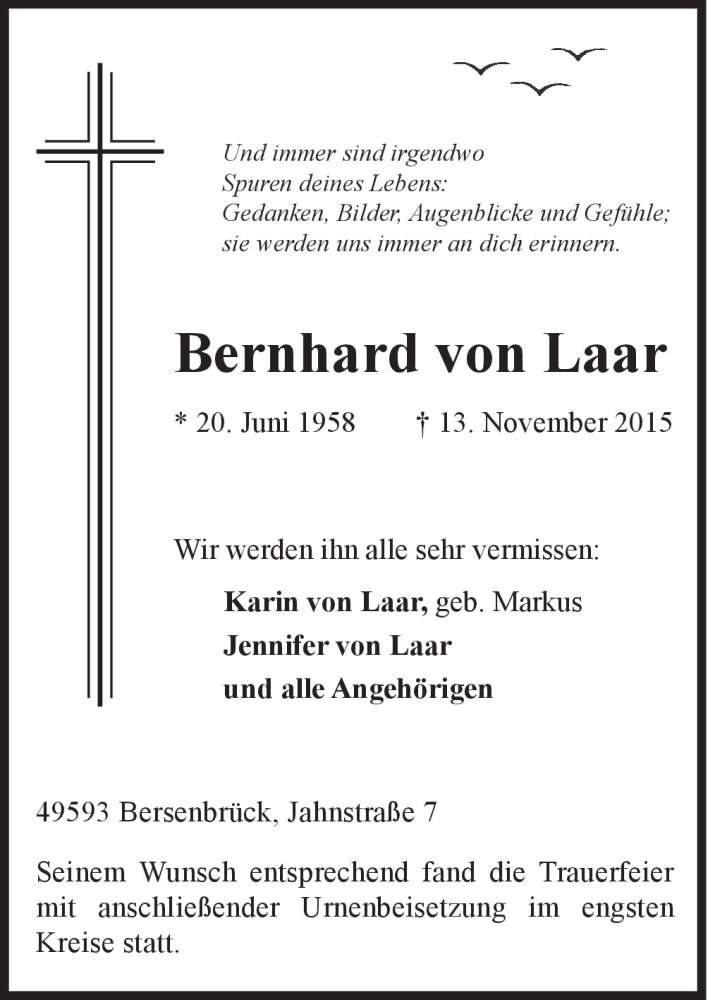  Traueranzeige für Bernhard von Laar vom 23.11.2015 aus Neue Osnabrücker Zeitung GmbH & Co. KG