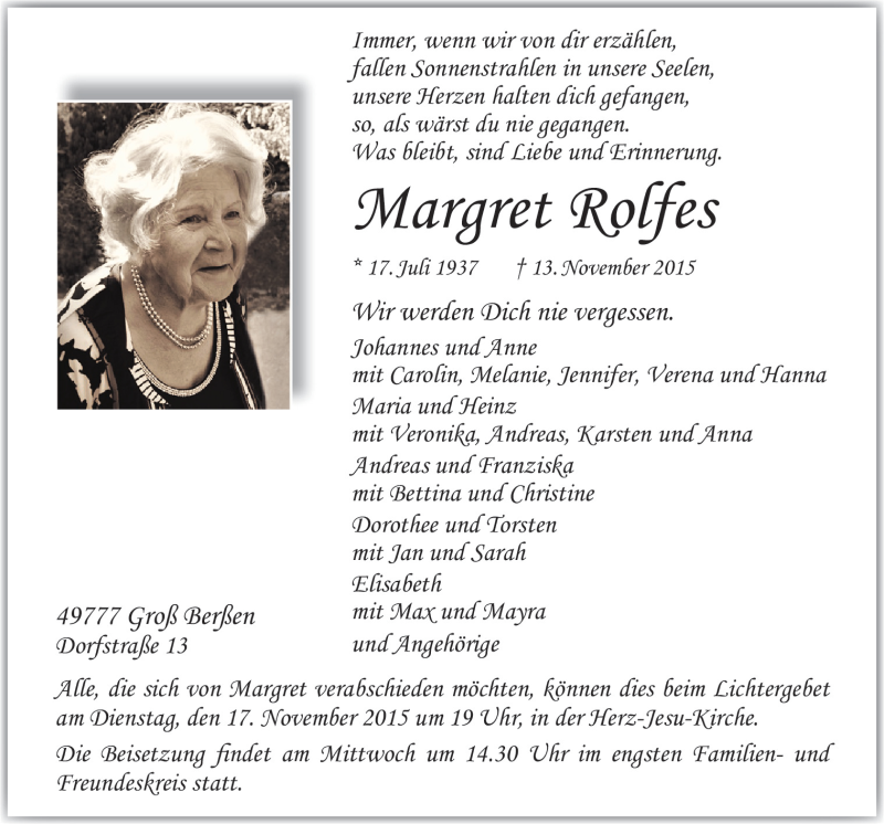  Traueranzeige für Margret Rolfes vom 16.11.2015 aus Neue Osnabrücker Zeitung GmbH & Co. KG