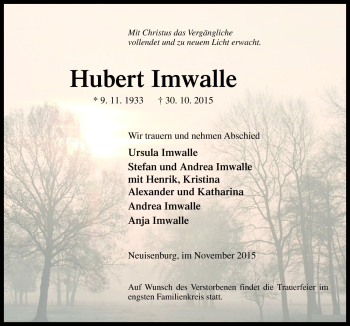 Traueranzeige von HUbert Imwalle von Neue Osnabrücker Zeitung GmbH & Co. KG