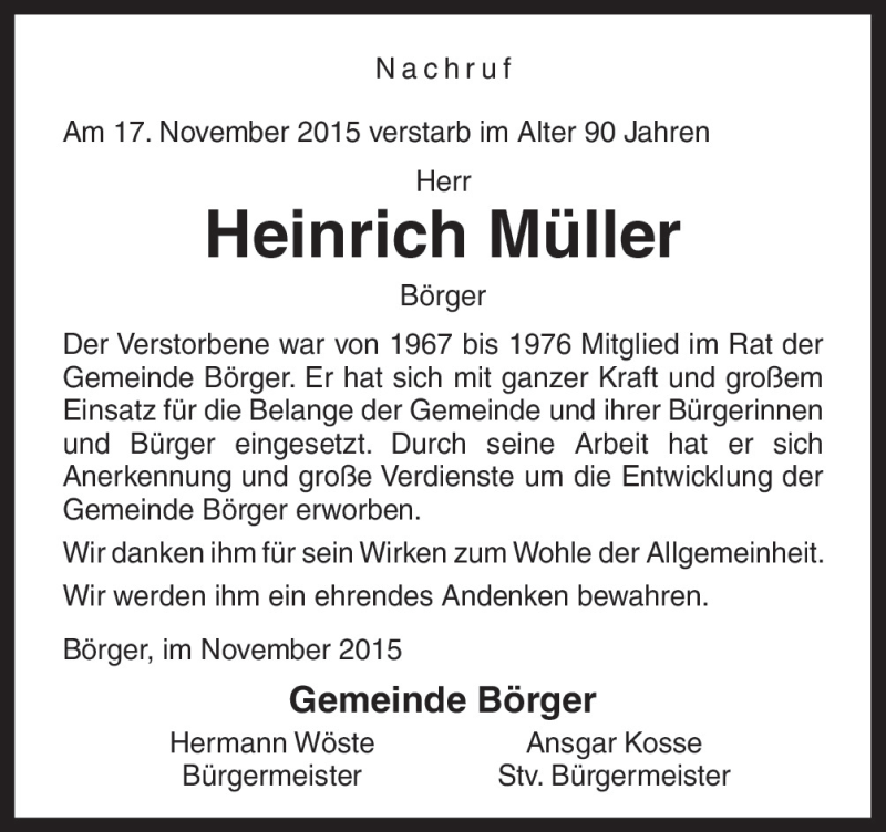  Traueranzeige für Heinrich Müller vom 23.11.2015 aus Neue Osnabrücker Zeitung GmbH & Co. KG