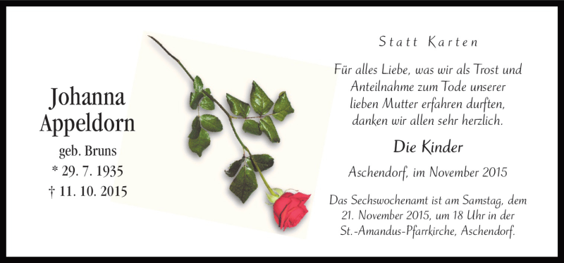 Traueranzeige für Johanna Appeldorn vom 17.11.2015 aus Neue Osnabrücker Zeitung GmbH & Co. KG