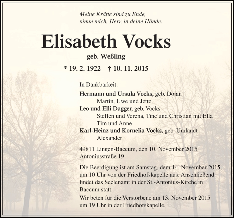  Traueranzeige für Elisabeth Vocks vom 12.11.2015 aus Neue Osnabrücker Zeitung GmbH & Co. KG