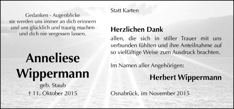  Traueranzeige für Anneliese Wippermann vom 07.11.2015 aus Neue Osnabrücker Zeitung GmbH & Co. KG