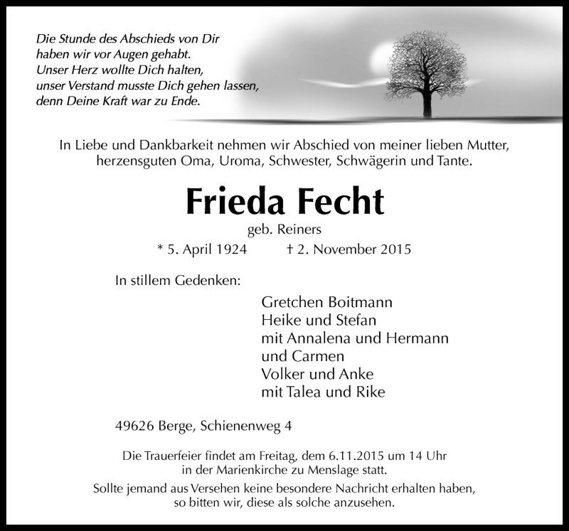  Traueranzeige für Frieda Fecht vom 04.11.2015 aus Neue Osnabrücker Zeitung GmbH & Co. KG
