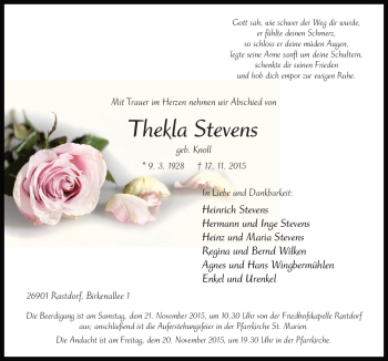 Traueranzeige von Thekla Stevens von Neue Osnabrücker Zeitung GmbH & Co. KG