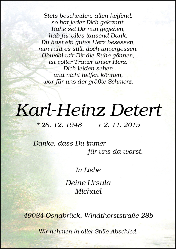  Traueranzeige für Karl-Heinz Detert vom 07.11.2015 aus Neue Osnabrücker Zeitung GmbH & Co. KG