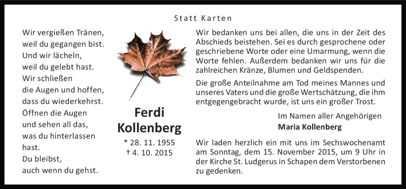  Traueranzeige für Ferdi Kollenberg vom 10.11.2015 aus Neue Osnabrücker Zeitung GmbH & Co. KG