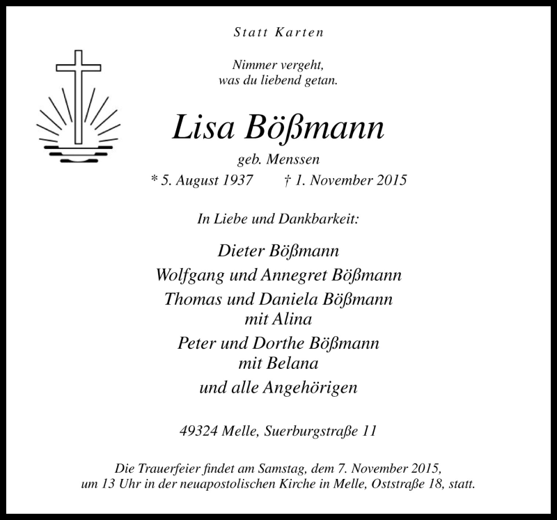  Traueranzeige für Lisa Bößmann vom 04.11.2015 aus Neue Osnabrücker Zeitung GmbH & Co. KG