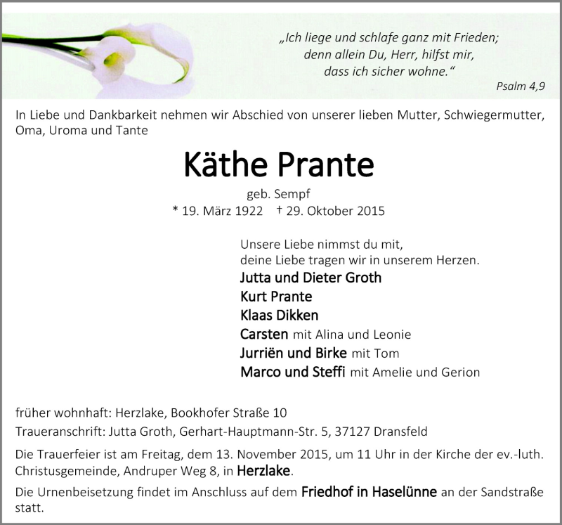  Traueranzeige für Käthe Prante vom 06.11.2015 aus Neue Osnabrücker Zeitung GmbH & Co. KG