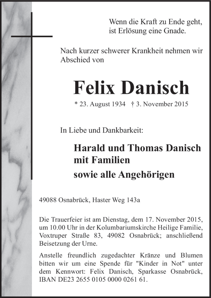  Traueranzeige für Felix Danisch vom 11.11.2015 aus Neue Osnabrücker Zeitung GmbH & Co. KG