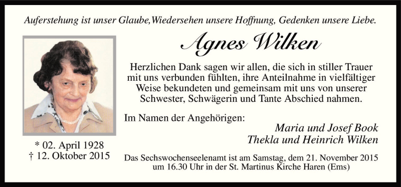  Traueranzeige für Agnes Wilken vom 17.11.2015 aus Neue Osnabrücker Zeitung GmbH & Co. KG