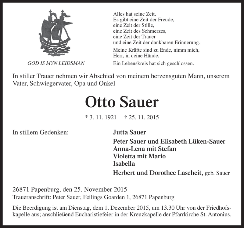  Traueranzeige für Otto Sauer vom 27.11.2015 aus Neue Osnabrücker Zeitung GmbH & Co. KG