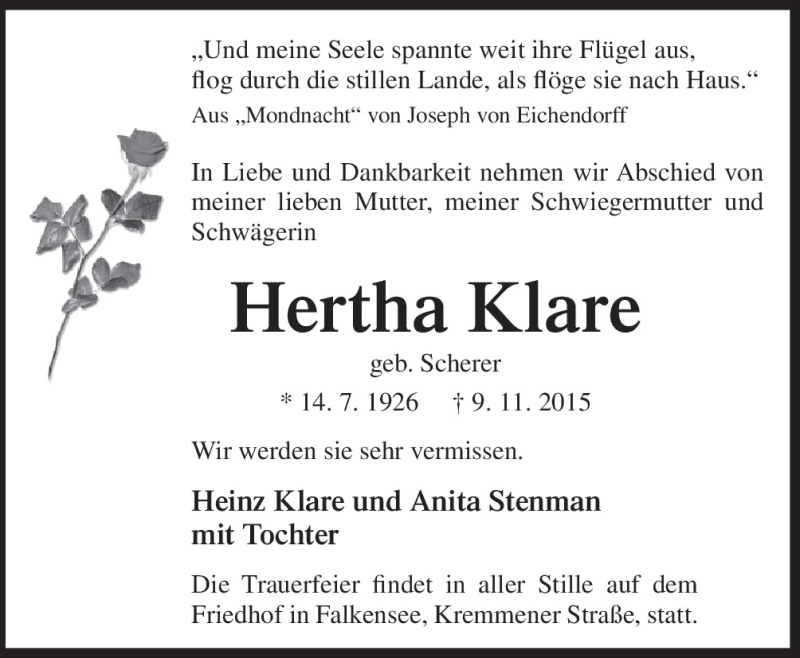  Traueranzeige für Hertha Klare vom 14.11.2015 aus Neue Osnabrücker Zeitung GmbH & Co. KG