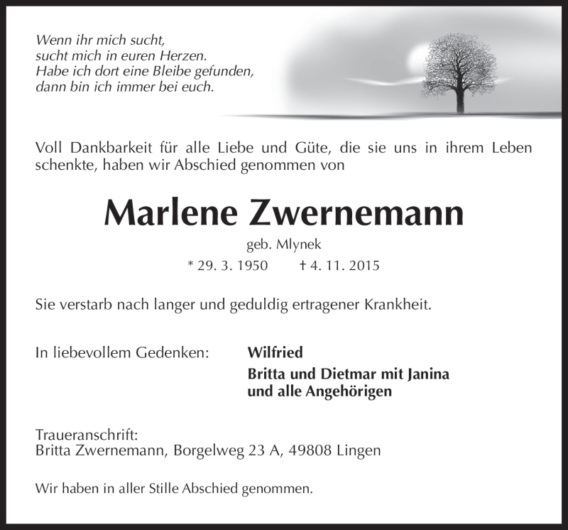  Traueranzeige für Marlene Zwernemann vom 10.11.2015 aus Neue Osnabrücker Zeitung GmbH & Co. KG
