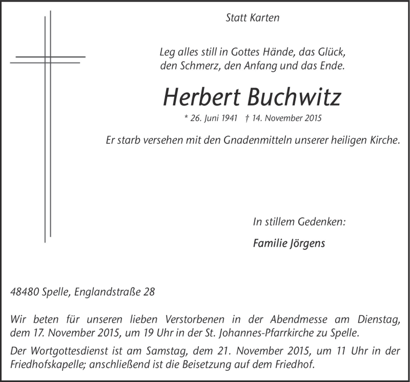  Traueranzeige für Herbert Buchwitz vom 17.11.2015 aus Neue Osnabrücker Zeitung GmbH & Co. KG