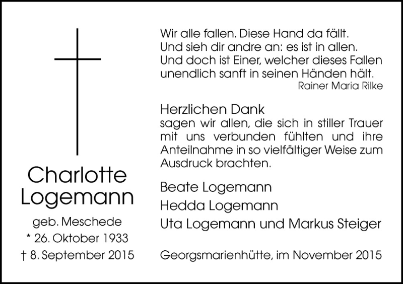  Traueranzeige für Charlotte Logemann vom 07.11.2015 aus Neue Osnabrücker Zeitung GmbH & Co. KG