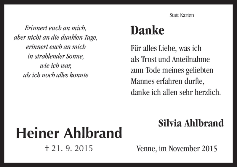  Traueranzeige für Heiner Ahlbrand vom 16.11.2015 aus Neue Osnabrücker Zeitung GmbH & Co. KG