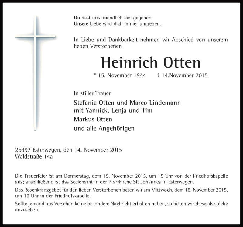  Traueranzeige für Heinrich Otten vom 17.11.2015 aus Neue Osnabrücker Zeitung GmbH & Co. KG