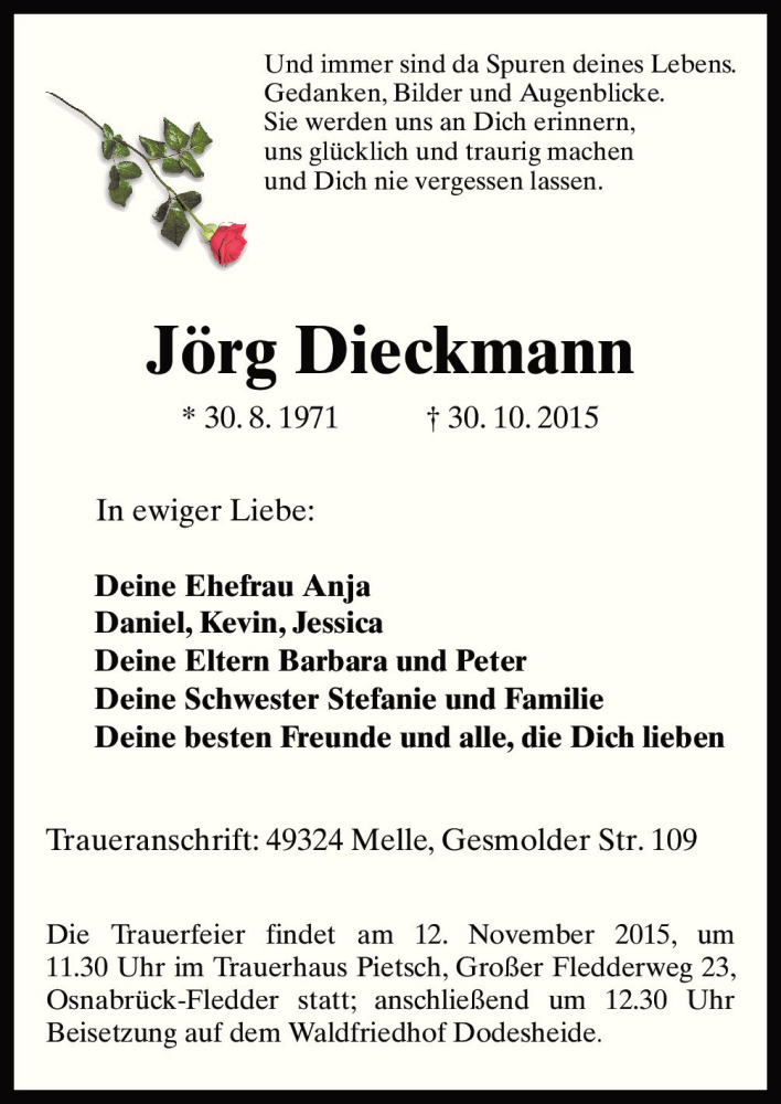  Traueranzeige für Jörg Dieckmann vom 10.11.2015 aus Neue Osnabrücker Zeitung GmbH & Co. KG