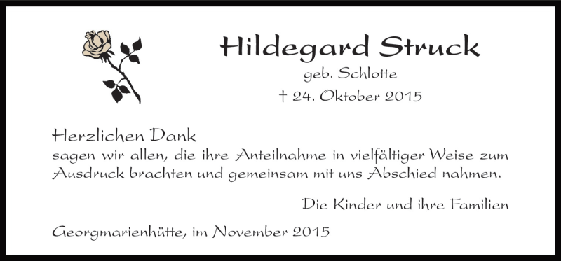  Traueranzeige für Hildegard Struck vom 21.11.2015 aus Neue Osnabrücker Zeitung GmbH & Co. KG