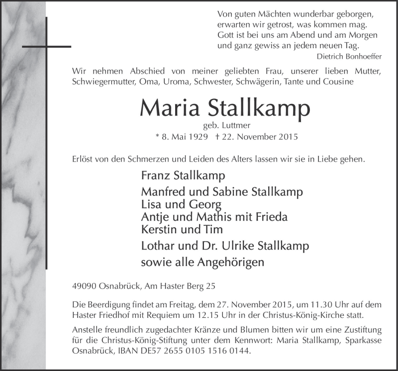  Traueranzeige für Maria Stallkamp vom 24.11.2015 aus Neue Osnabrücker Zeitung GmbH & Co. KG