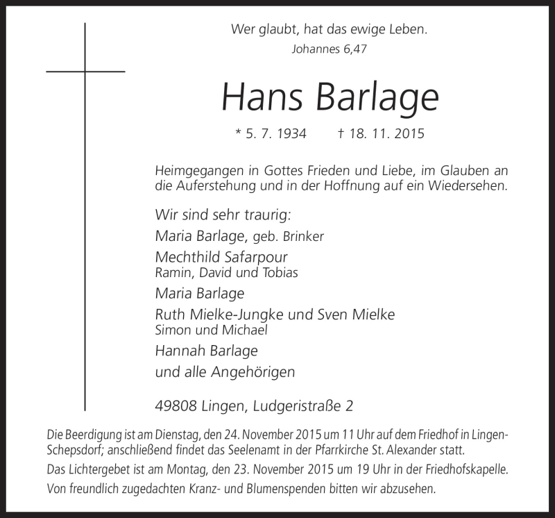 Traueranzeige für Hans Barlage vom 21.11.2015 aus Neue Osnabrücker Zeitung GmbH & Co. KG