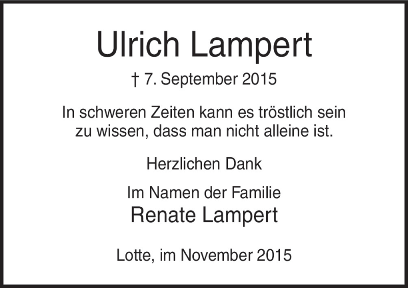  Traueranzeige für Ulrich Lampert vom 13.11.2015 aus Neue Osnabrücker Zeitung GmbH & Co. KG