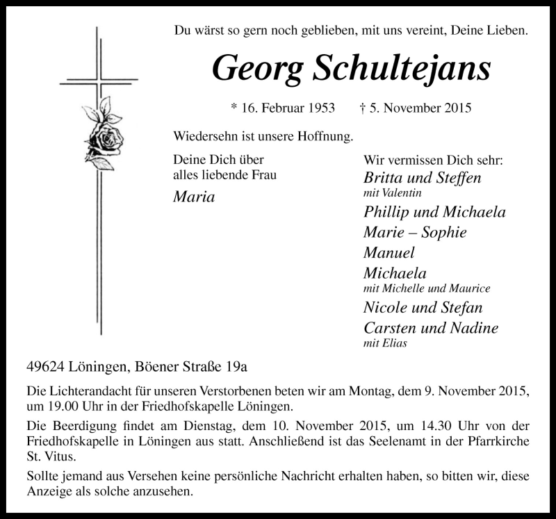  Traueranzeige für Georg Schultejans vom 07.11.2015 aus Neue Osnabrücker Zeitung GmbH & Co. KG
