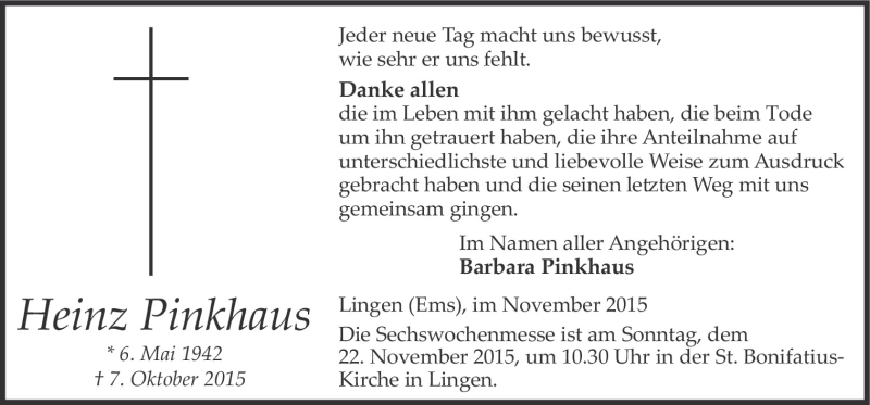  Traueranzeige für Heinz Pinkhaus vom 18.11.2015 aus Neue Osnabrücker Zeitung GmbH & Co. KG