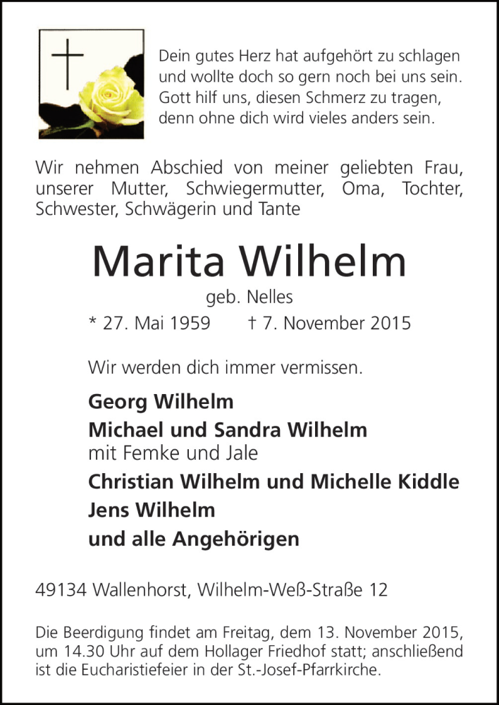  Traueranzeige für Marita Wilhelm vom 10.11.2015 aus Neue Osnabrücker Zeitung GmbH & Co. KG