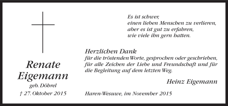  Traueranzeige für Renate Eigemann vom 14.11.2015 aus Neue Osnabrücker Zeitung GmbH & Co. KG