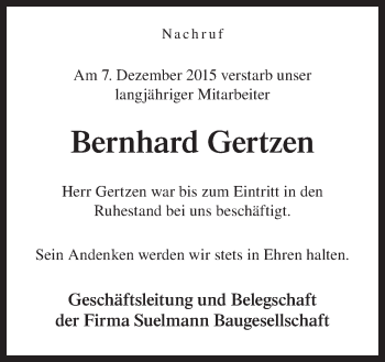 Traueranzeige von Bernhard Gertzen von Neue Osnabrücker Zeitung GmbH & Co. KG