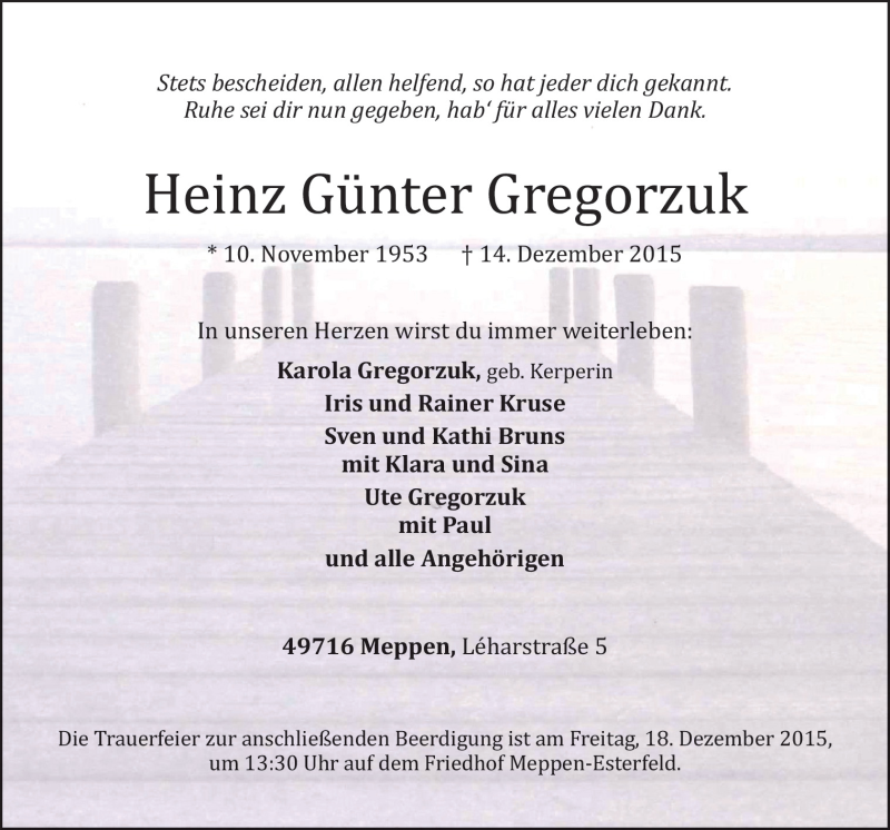  Traueranzeige für Heinz Günter Gregorzuk vom 16.12.2015 aus Neue Osnabrücker Zeitung GmbH & Co. KG