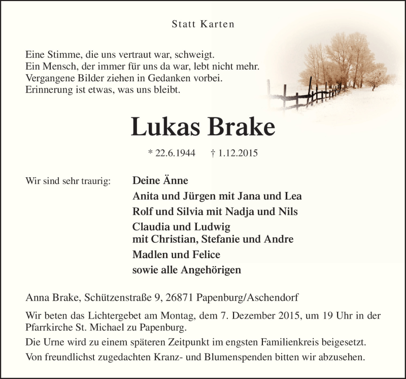  Traueranzeige für Lukas Brake vom 07.12.2015 aus Neue Osnabrücker Zeitung GmbH & Co. KG