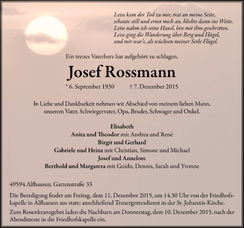  Traueranzeige für Josef Rossmann vom 09.12.2015 aus Neue Osnabrücker Zeitung GmbH & Co. KG