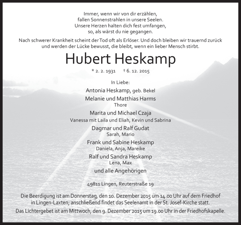  Traueranzeige für Hubert Heskamp vom 08.12.2015 aus Neue Osnabrücker Zeitung GmbH & Co. KG