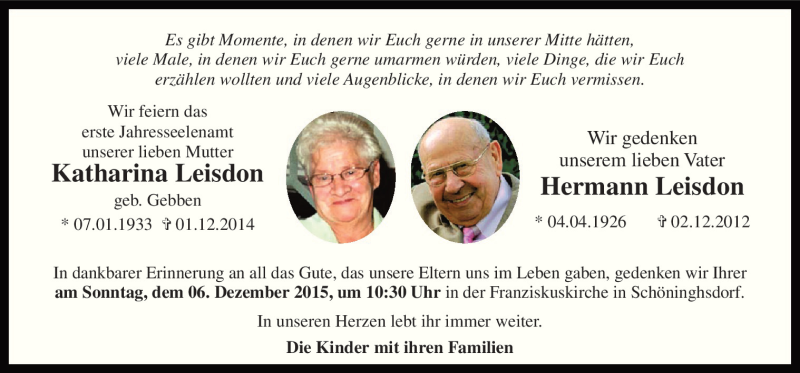  Traueranzeige für Katharina und Hermann Leisdon vom 03.12.2015 aus Neue Osnabrücker Zeitung GmbH & Co. KG