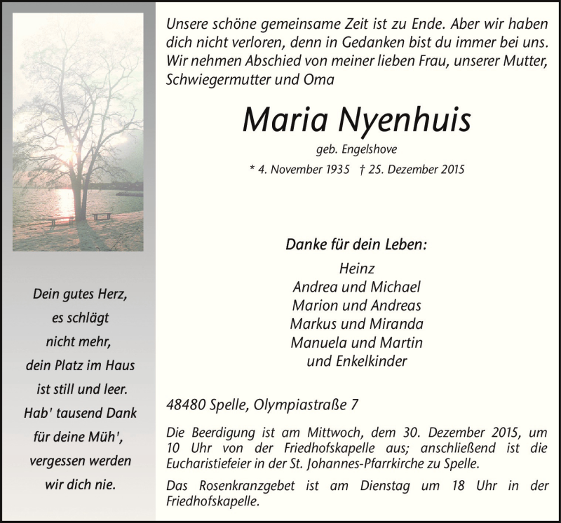  Traueranzeige für Maria Nyenhuls vom 28.12.2015 aus Neue Osnabrücker Zeitung GmbH & Co. KG