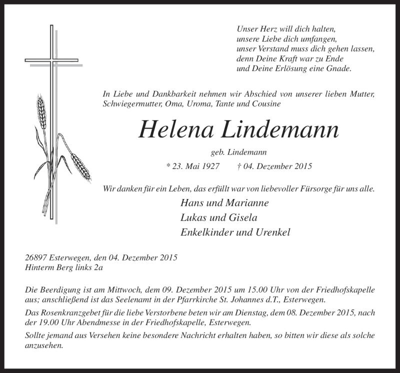  Traueranzeige für Helena Lindemann vom 07.12.2015 aus Neue Osnabrücker Zeitung GmbH & Co. KG