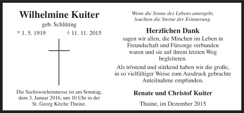  Traueranzeige für Wilhelmine Kuiter vom 30.12.2015 aus Neue Osnabrücker Zeitung GmbH & Co. KG