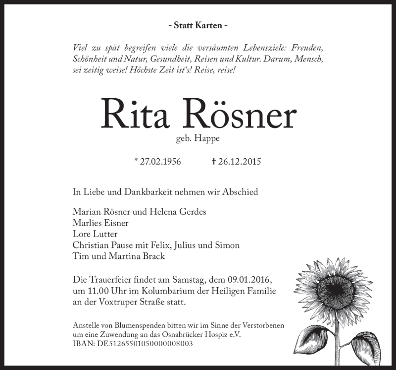  Traueranzeige für Rita Rösner vom 31.12.2015 aus Neue Osnabrücker Zeitung GmbH & Co. KG