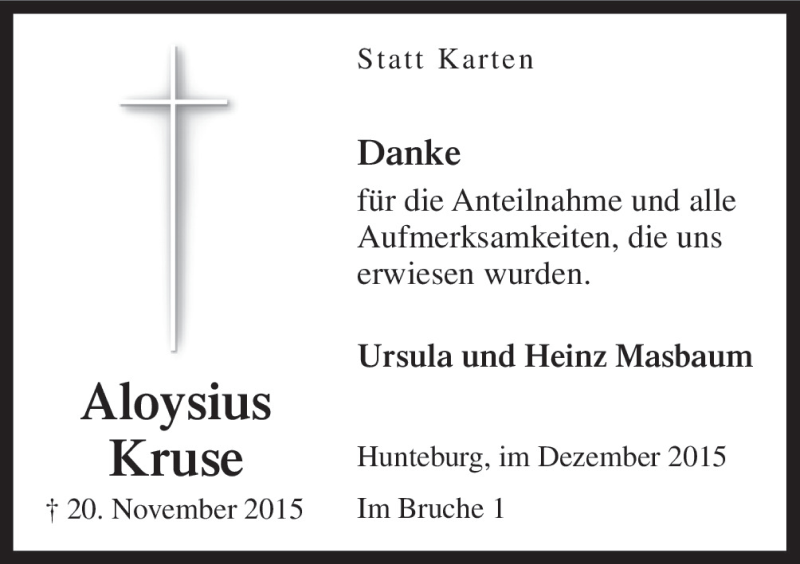  Traueranzeige für Aloysius Kruse vom 31.12.2015 aus Neue Osnabrücker Zeitung GmbH & Co. KG