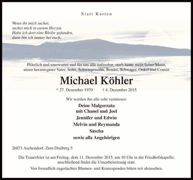  Traueranzeige für Michael Köhler vom 08.12.2015 aus Neue Osnabrücker Zeitung GmbH & Co. KG