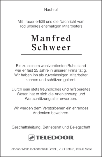 Traueranzeige von Manfred Schweer von Neue Osnabrücker Zeitung GmbH & Co. KG