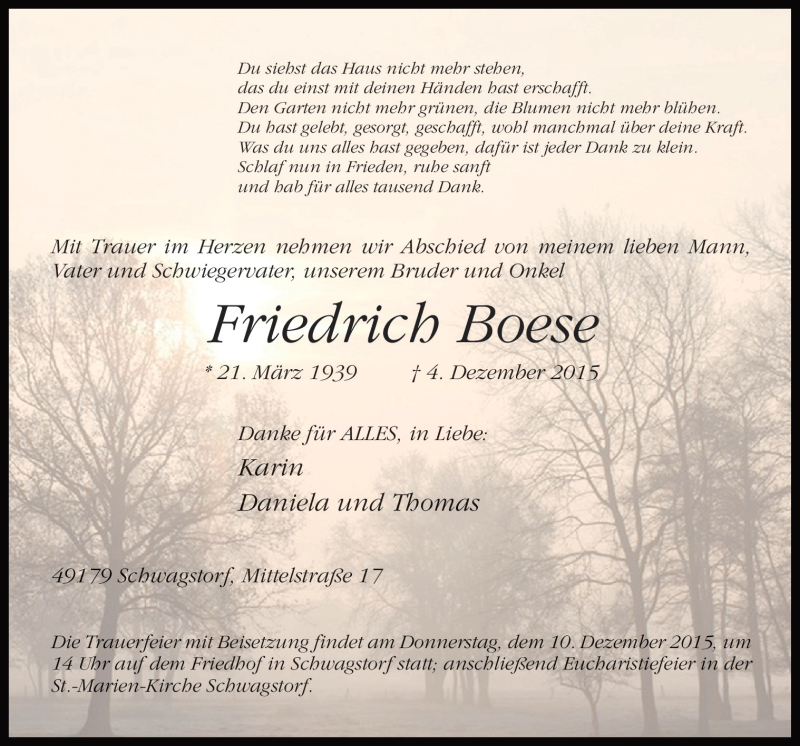  Traueranzeige für Friedrich Boese vom 08.12.2015 aus Neue Osnabrücker Zeitung GmbH & Co. KG
