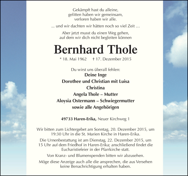  Traueranzeige für Bernhard Thole vom 19.12.2015 aus Neue Osnabrücker Zeitung GmbH & Co. KG