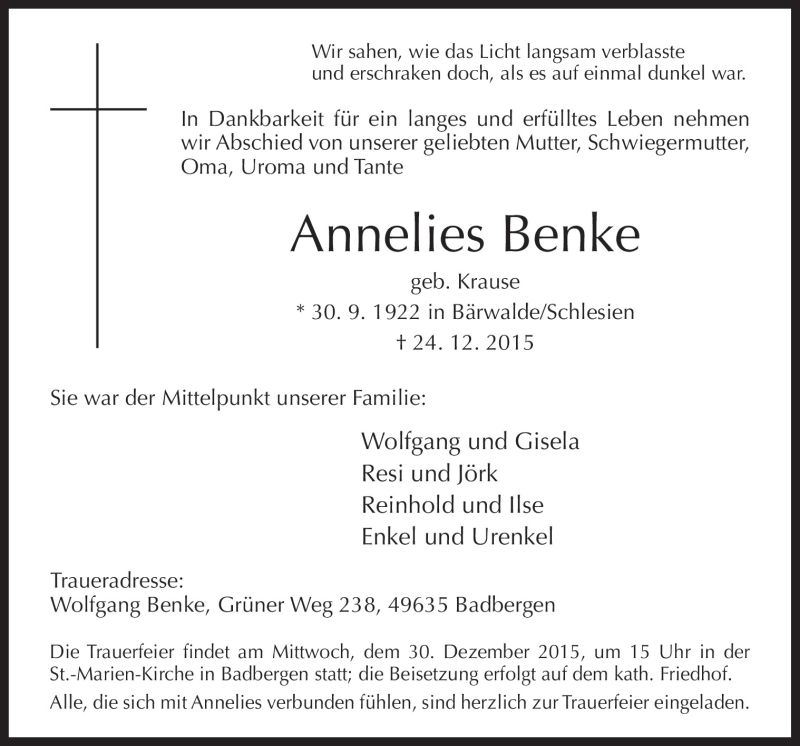  Traueranzeige für Annelies Benke vom 28.12.2015 aus Neue Osnabrücker Zeitung GmbH & Co. KG