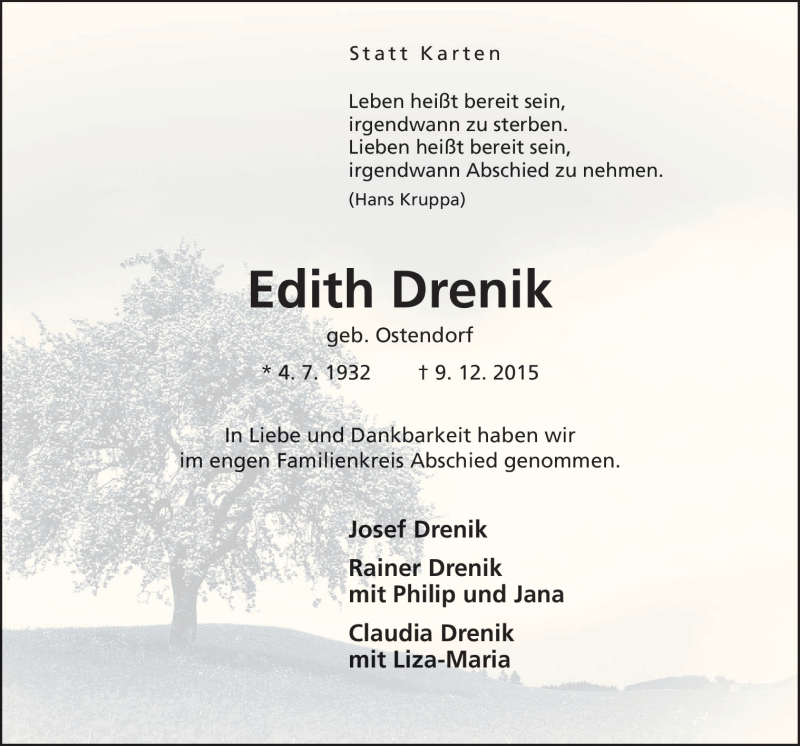  Traueranzeige für Edith Drenik vom 24.12.2015 aus Neue Osnabrücker Zeitung GmbH & Co. KG