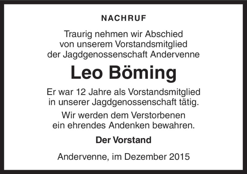  Traueranzeige für Leo Böming vom 28.12.2015 aus Neue Osnabrücker Zeitung GmbH & Co. KG